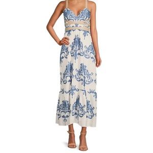 Embroidered Voile Sleeveless V-Neck Faux Leather Tie Ruffled Hem Maxi Dress